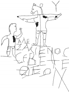 Die älteste uns bekannte Darstellung Jesu ist übrigens eine Karikatur: Ein Graffito aus dem 2. Jahrhundert. Ein Mann, der einen anderen Mann mit Eselskopf am Kreuz anbetet. Darunter steht: "Alexamenos betet seinen Gott an". (Bild: Digitale Nachzeichnung, Public Domain)